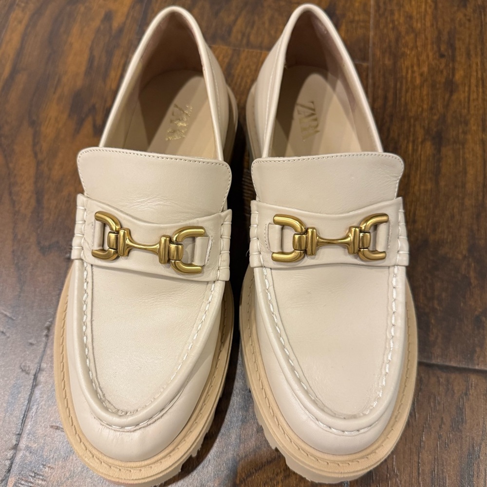 Cream Loafers with Gold Buckle
